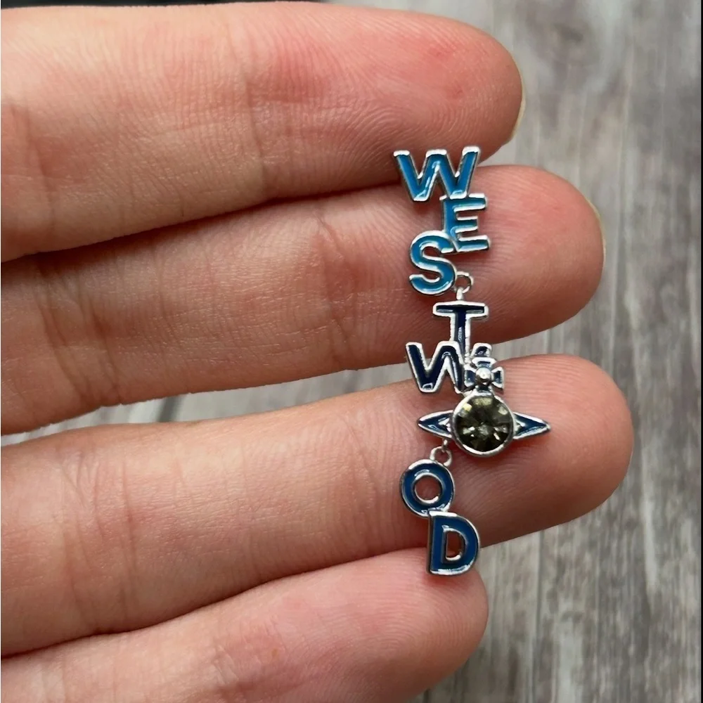VIVIENNE WESTWOOD Soho Enamel Drop Logo Letter Earrings Blue Silver Crystal Orb - Picture 5 of 14
